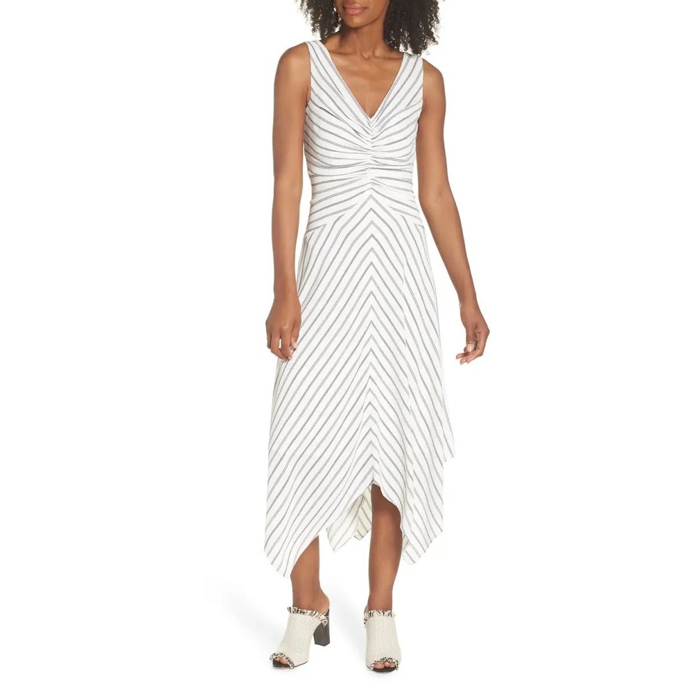 Maggy London Stripe Ruched Handkerchief Hem Dress Size 12 Sleeveless V-Neck